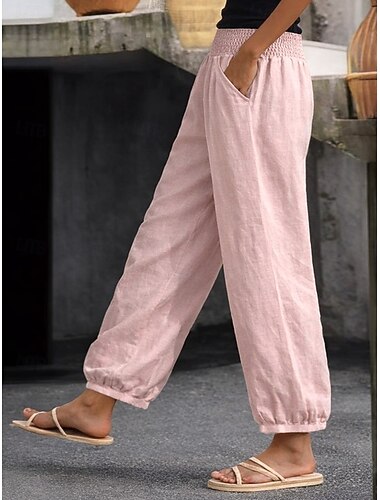  Dames Broek met linnenlook Breed Been Chinese Zomerbroek Vakantie Basic Casual Volledige lengte Hoge taille Effen Zak Elastische tailleband Comfortabel Zacht Ademend Rekbaar Buiten Straat Blozend