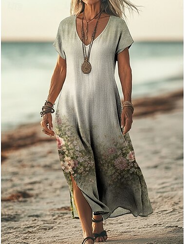  Dame Maxikjole Boho-kjole Uformell kjole Kjole med A-linje Print kjole Årgang utendørs Strand Feriereise Normal Blomstret Grafisk Kortermet V-hals Lys Rosa Gul Mørkegrønn Lilla Sommer Vår