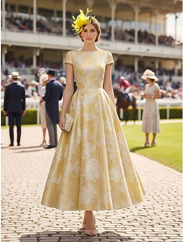  Ligne A Longueur thé Robes de Cocktail Robes pour invités de mariage Élégant Manche Courte Col Bateau Fête de jardin Formel Satin Dentelle avec Imprimé floral Plis Froncé