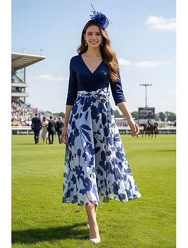  Corte A Hasta el Tobillo Vestido de Fiesta Vestido Cóctel Vestido Invitada Boda Vestido de Madrina Manga 3/4 Escote en Pico Camiseta con cuello redondo Elegante Formal Invitado a la boda Gasa
