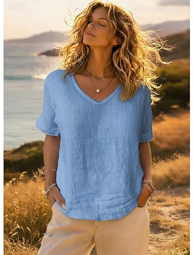  Női Ing 100% pamuk Sima Napi Stílusos Alap Rövid ujjú V-alakú Normál felsők Napi Munka Szabadság Medence Fehér Szürke Nyár