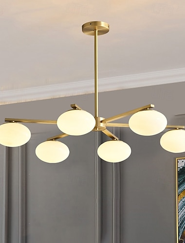  6/8-flammige goldene Kugel-Sputnik-Kronleuchter im Mid-Century-Modern-Stil, Kugel-Pendelleuchte aus gebürstetem Messing, Deckenleuchte aus milchweißem Glas