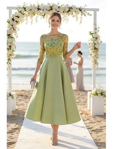  Linea ad A Lunghezza Tè Perline ricamate Abito Formale Abito da madre della sposa Abiti da Cocktail Abiti per invitati a matrimoni Elegante Pastello Manica 3/4 Scollo a Barca Formale Cocktail party