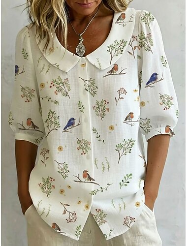  Dame Skjorte Blomstret Grafisk Fugl Elegant Bohem Ferie Peter Pan krage Vanlige topper Daglig Strand Ferie Blå Hvit Gul Sommer Vår