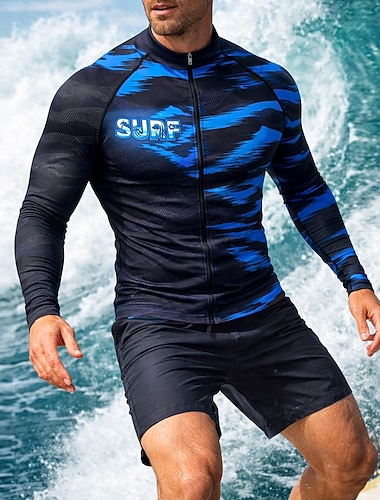  Miesten Keskipaksu Vakio Ihottumissuoja Uimapaita Tekstikuvio Abstrakti Värien estäminen Sulkea jnk vetoketju UPF50+ UV suoja Nopea kuivuminen Pitkähihainen Uima-asut Rash guard -suojapaita