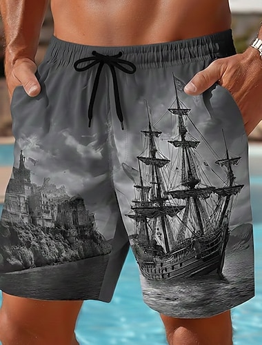  Herren Nautisch Segelboot Grunge-Textur Badehosen Badeshorts Boardshorts Mittlere Taille Retro Vintage Outdoor Urlaub Alltagskleidung Seitentaschen Netzfutter Elastischer Kordelzug in der Taille