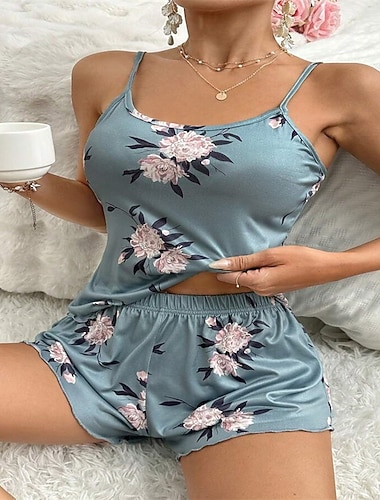  Dame lounge Pyjamas Sett Mote Enkel Fritid Blomstret Lapper Elastisk midje Shorts Hjem Feriereise Ermeløs stropper Sjø blå Sommer Vår Normal