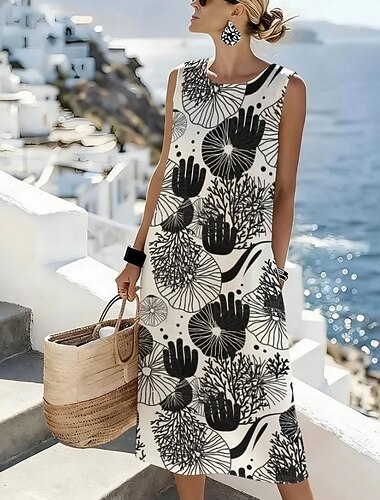  Mujer Vestido Midi Vestido de cambio Vestido de verano Vestido de una línea Vacaciones Casual Boho Playa Noche Ajuste regular Graphic Geométrico Sin Mangas Cuello redondo Morado Gris Verano Primavera