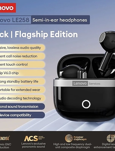  Écouteurs sans fil Lenovo, dotés d'une puce Bluetooth 6.0, d'un étui de chargement, d'une autonomie de 12 h, d'un son spatial immersif à 360° avec son panoramique 3D, intra-auriculaires pour les jeux,