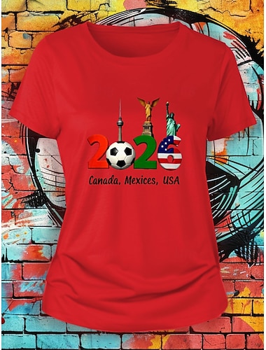  Weltfußballspiel 2026 Damen T-Shirt Print Grafik Buchstabe Stilvoll Klassisch Freizeit Kurzarm Rundhals Reguläre Oberteile Tägliche Blau Schwarz Weiß Rot Sommer Frühling