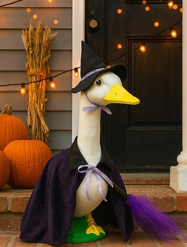  Fantasia de bruxa para o Halloween, com chapéu e capa. &Vassoura, roupa roxa para estátua de ganso de concreto de 58 a 63 cm para jardim, decoração assustadora de outono para áreas externas, apenas a
