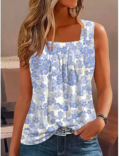  Dames T-shirt Afdrukken Bloemig Modieus Stijlvol Casual Mouwloos Vierkante hals Normale tops Dagelijks Uitgaan Weekend Marine Blauw Hemelsblauw Zomer Lente