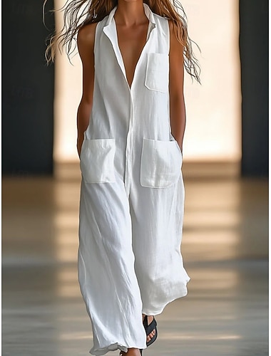  Dámské Kombinéza Šik ven Pevná barva Bez rukávů Široké nohavice Do V Kapsy Denní Dovolená Běžný Bílá Léto