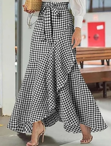  Damen Urlaubsrock Elegant Mode Lässig Maxi Mittlere Hüfthöhe Röcke Einfach Kordelzug Rüsche Elastischer Bund Mikroelastisch Täglich Straße Marineblau Schwarz Gelb Sommer