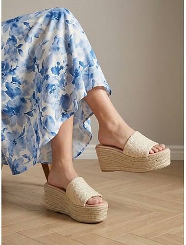  Eleganti sandali con zeppa espadrillas color albicocca da donna - comodi sandali con plateau intrecciato per resort all'aperto e vacanze al mare &abiti boho estivi