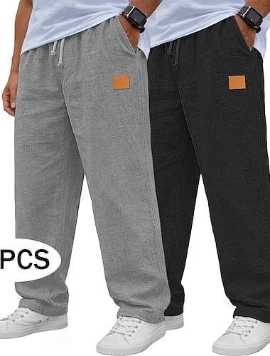  Herren Leinenhosen Hose Sommerhose Baggy-Hosen Kordelzug Elastischer Bund Gerader Schnitt Einfach Leicht Atmungsaktiv Volle Länge Täglich Outdoor Ferien Urlaub Mode Grün + grau Schwarz+Marineblau