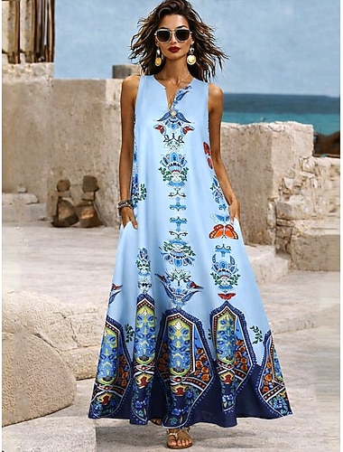  Damen Maxikleid Sommerkleid A Linie Kleid Urlaub Lässig Boho Täglich Ferien Lässiger Schnitt Grafik Stammes Ärmellos V Ausschnitt Neckholder Blau Schwarz Gelb Sommer Frühling