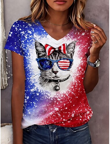 Ημέρα Αμερικανικής Ανεξαρτησίας Γυναικεία Μπλουζάκι Στάμπα Ombre Γραφική Γάτα Βίντατζ Στυλάτο Κλασσικό Κοντομάνικο Λαιμόκοψη V Κανονικά μπλουζάκια Καθημερινά Θαλασσί Καλοκαίρι Άνοιξη