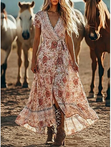  Damen Maxikleid Boho-Kleid Freizeitkleid Blumenkleid Elegant Mode Modern Outdoor Urlaub Ausgehen Normale Passform Blumen Kurzarm V Ausschnitt Blau Rote Burgunderrot Königsblau Sommer Frühling