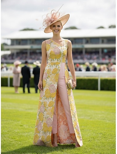  Jumpsuit / Pantsuit A-linje Gulvlengde Derbykjole Kjole til brudens mor Ermeløs V-hals Elegant Årgang Formell Bryllupsgjest Kentucky Derby Jacquard med Blomstertrykk