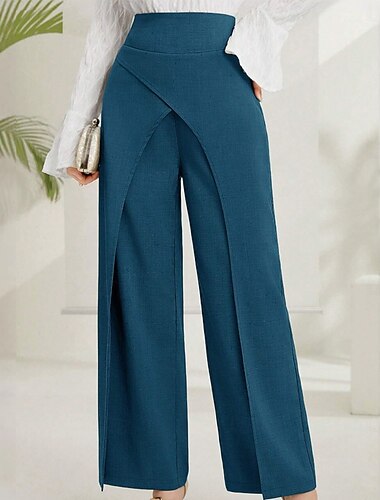  Dames Broek Pakken Zomerbroek Elegant Modieus Casual / Dagelijks Volledige lengte Hoge taille Effen Kleur Effen Recht been Comfort Lichtgewicht Zacht Inelastisch Streetwear Kantoor Werk blauw Zomer
