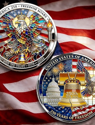  Amerikansk minnemynt til 250-årsjubileum med ørn- og frihetsklokkedesign med glassmalerieffekt, patriotiske memorabilia