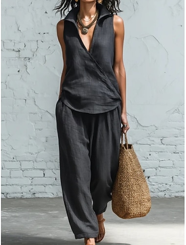  Mujer Conjuntos de pantalones Lino de algodón sintético Sin Mangas Escote en Pico Plano Moda Ropa de calle Casual Diario Exterior Azul Piscina Negro Blanco Verano Holgado