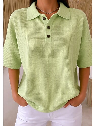  Dames Wafel Shirt Zomer tops Knop Effen Kleur Vintage Stijlvol Mouwloos Polo kraag Lange tops Dagelijks Buiten Feestdagen Geel Lichtgroen Blozend Roze Zomer Lente Herfst