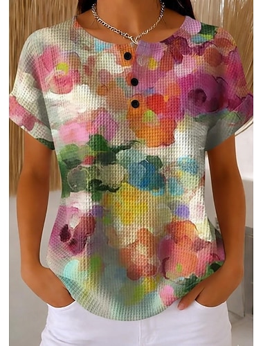  Dames Wafel Textuur Gebreide Tops T-shirt Kleurblok Knop Voorkant Grafisch Geometrisch Planten Stijlvol Klassiek Korte Mouwen Rundhals Dagelijkse Sporten Weekend Blauw Regenboog Rood  Blauw Zomer