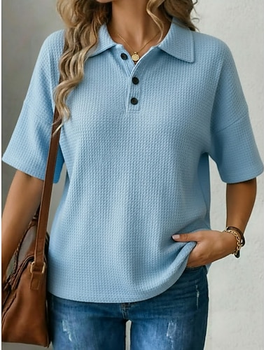  Dames T-shirt Poloshirts Wafelgebreide tops Effen Kleur Grafisch Effen Modieus Klassiek Casual Korte mouw Overhemdkraag Normale tops Dagelijks Uitgaan Weekend Zwart Wit Rood Hemelsblauw Oranje Zomer