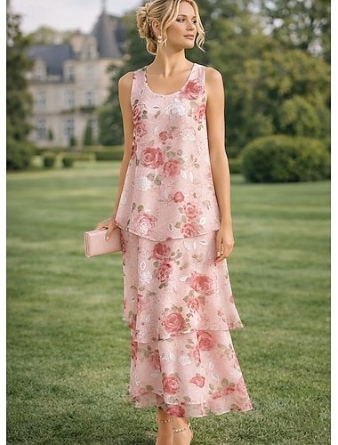  A-linje Kjoler Ankellengde Festkjole Cocktail Kjole Kjole til brudens mor Ermeløs Øsehals Elegant Årgang Formell Bryllupsgjest Ferie Chiffon med Blomstertrykk Drapert Appliqué