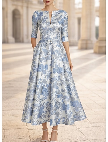  Ligne A Longueur cheville Longueur thé Robe de Cérémonie Robes de Cocktail Élégant Floral Manche Courte Col en V Fête de jardin Mariage Poche Jacquard avec Imprimé floral Plis Poche