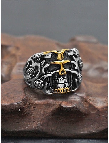  メンズ ステンレススチール ゴシック スカル リング、マルチサイズ バイカー パンク ステートメント バンド、花柄ディテール、カジュアルウェア、旅行、休暇、ハロウィン スタイリングに最適な大胆なファッション ジュエリー