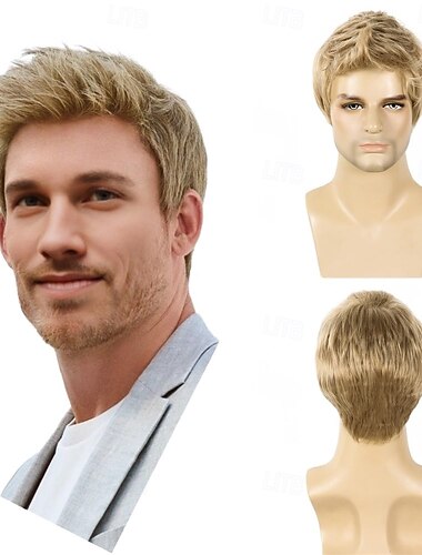  Parrucca bionda da uomo, corta, liscia, in capelli sintetici biondi, per uso quotidiano, costume anime, Halloween, cosplay e feste (adatta a circonferenze della testa di 21-22,5 pollici).