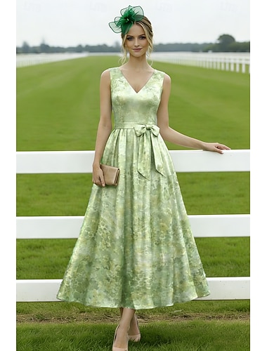  Linea ad A Lunghezza Tè Abiti da Cocktail Abiti per invitati a matrimoni Elegante Senza Maniche Scollo a V Festa in giardino Formale Raso con Stampa floreale Pieghe Arricciato