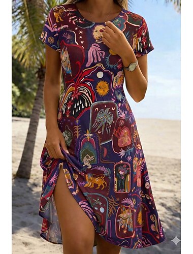  Damen Minikleid T-Shirt-Kleid A Linie Kleid Sommerkleid Lässig Täglich Strand Ferien Lässiger Schnitt Geometrisch Kurzarm Rundhalsausschnitt Rote Purpur Sommer Frühling