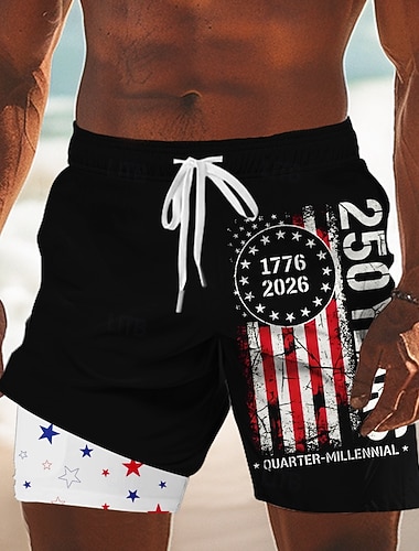  Herren 250. Jahrestag des Unabhängigkeitstages der USA am 4. Juli US Flagge 1776 Gefütterte Shorts 2 in 1 Badeshorts Badeshorts Mittlere Taille Patriotisch Ferien Seitentaschen Mit Kompressionsfutter