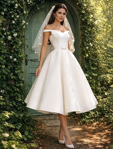  Ligne A Longueur thé petite robe blanche Robes de Cocktail Robes de mariée Robes pour enterrement de vie de jeune fille Années 1950 Minimaliste Petites Robes Blanches Sans manches Épaules Dénudées