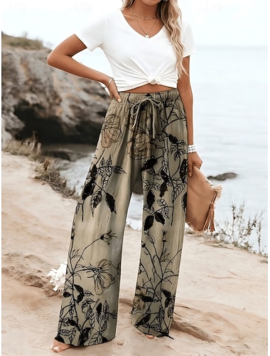  Damen Weites Bein Chinos Hosen Hose Urlaub Mode Streetwear Volle Länge Hohe Taille Blumen Tasche Elastischer Bund Druck Bequem Atmungsaktivität Atmungsaktiv Mikroelastisch Täglich Outdoor Urlaub