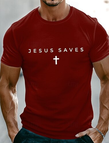  T-shirt Minimaliste Croix Blanche 'Jésus Sauve' pour Hommes Vêtement Chrétien Religieux de la Bible Graphique Ajustement Musclé Décontracté Quotidien Vêtements Designer