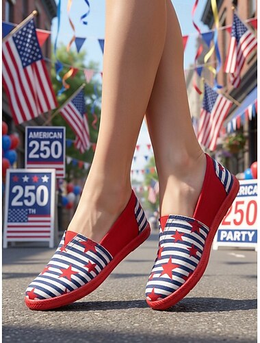  USA 250 patriotiske flats for kvinner - komfortable blå og hvite stripete strikkesko med stjernedetaljer til amerikansk uavhengighetsdag og parader &sommerferieklær