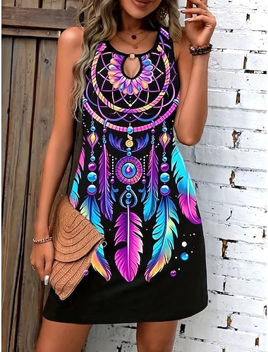  Damen Minikleid Sommerkleid Urlaub Boho Strand Ausgehen Normale Passform Grafik Stammes Ärmellos Rundhalsausschnitt Schwarz Purpur Sommer Frühling