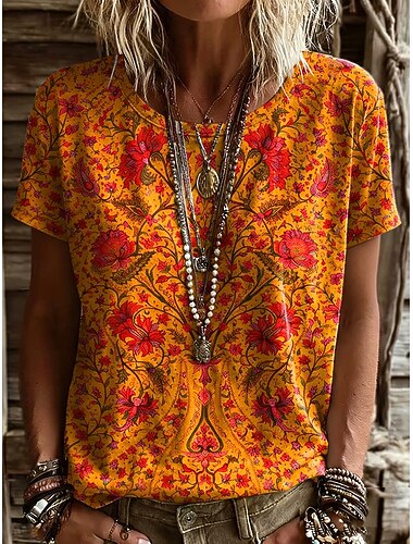  Dámské Tričko Tisk Grafika Rostliny Vinobraní stylové Klasické Krátký rukáv Tričkový Běžné topy Denní Víkend Rubínově červená Oranžová Béžová Léto Jaro