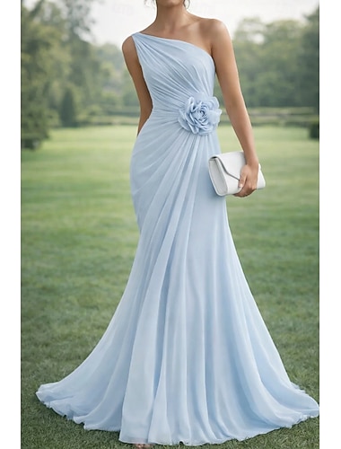  A-Linie Bodenlang Abendkleid Ballkleid Elegant Mutter der Braut Ärmellos Ein-Schulter Hochzeit Formell Chiffon mit Gestickte Blume Falten Gerafft