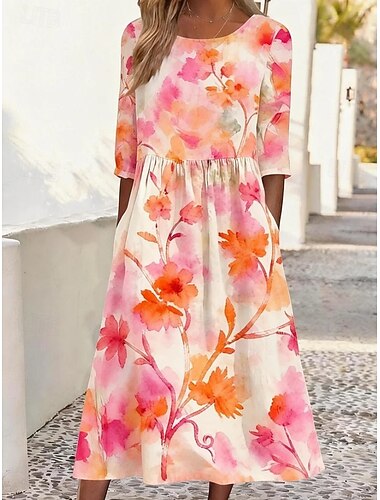  Dame Midikjole Skift Kjole Ferie Afslappet Boheme Daglig Sommerkjole Forårs kjole Regulær Blomstret Grafisk 3/4-ærmer Rund hals Lysegrøn Lyserød Mørkegrøn Sommer Forår