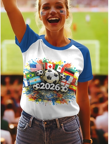  Weltfußballspiel 2026 Damen T-Shirt Print Grafik Buchstabe Stilvoll Klassisch Freizeit Kurzarm Rundhals Reguläre Oberteile Tägliche Blau Gelb Rot Grün Sommer Frühling