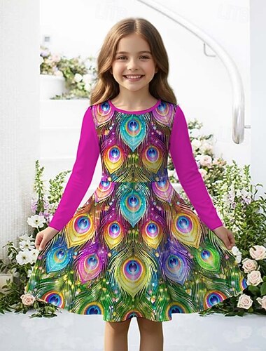  FILLE 3D Graphique Paon Robe manche longue Impression 3D Printemps Automne Quotidien Vacances Soirée Occasionnel Princesse Beau Enfants 4-12 ans Robe Décontractée Robe trapèze Mi-long Coupe régulière