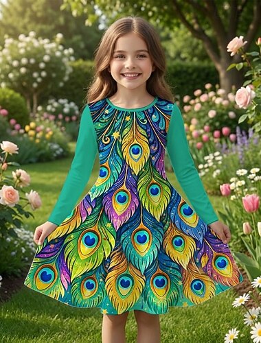  Tyttöjen 3D Kuvitettu Riikinkukko Mekko Pitkähihainen 3D-tulostus Kevät Syksy Päivittäin Loma Juhla Vapaa-aika Prinsessa Kaunis Lapset 4-12 vuotta Rento mekko A linjainen mekko Polvipituinen Normaali