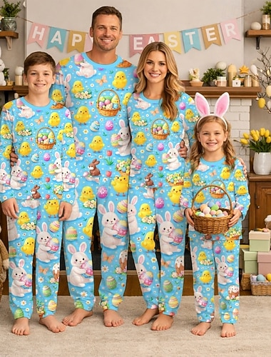  Familie Ostern Schlafanzug Grafik Hase Lässig Druck Blau Langarm Urlaub Passende Outfits