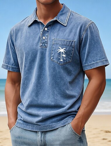 Voor heren Palmboom Acid Wash-shirt 100% Katoen Korte mouw Poloshirt Revers Hawaii Casual Sportkleding Vakantiekleding Zak 3D-afdrukken Knop Lente zomer blauw Rood Groen
